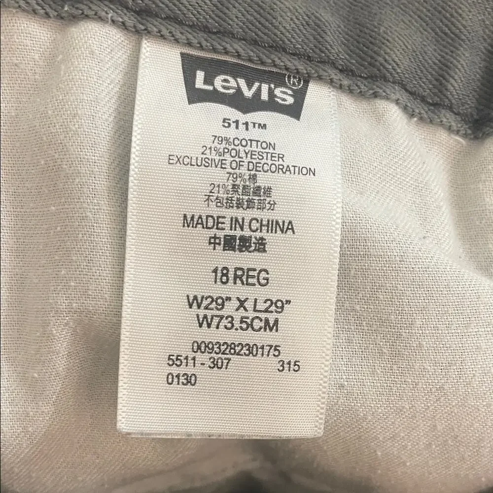 Levi’s 511 Slim Jeans Girls 18 Regular Gray Denim Pants Size 29x29